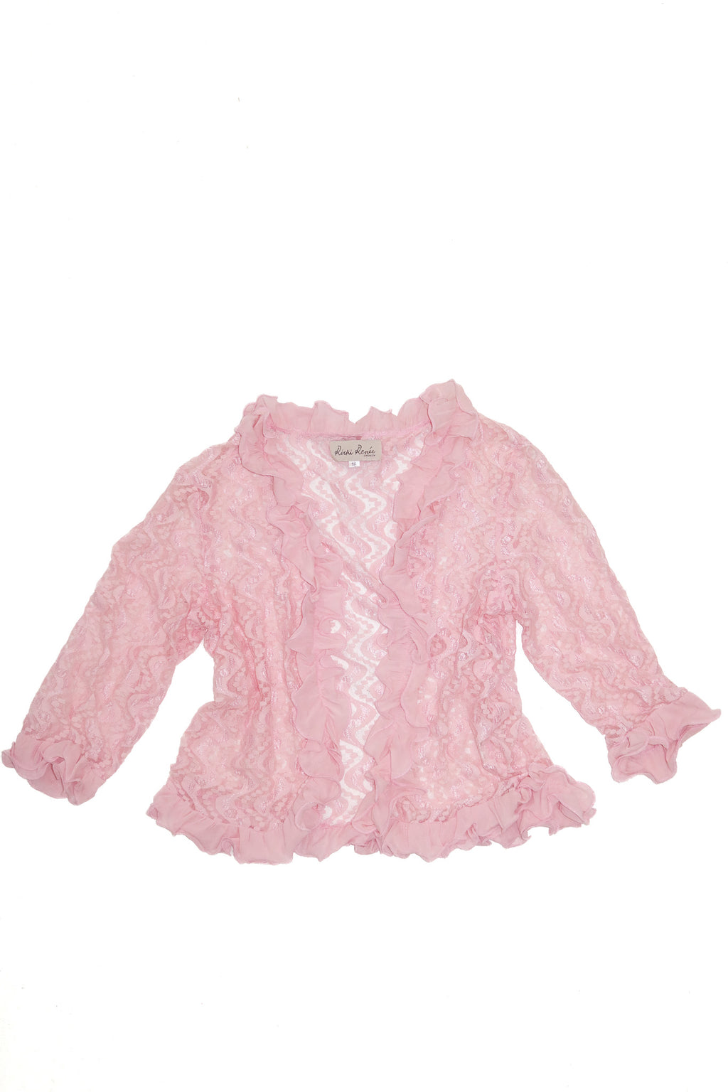 ricki renée sheer lace frill trim cardigan pink.