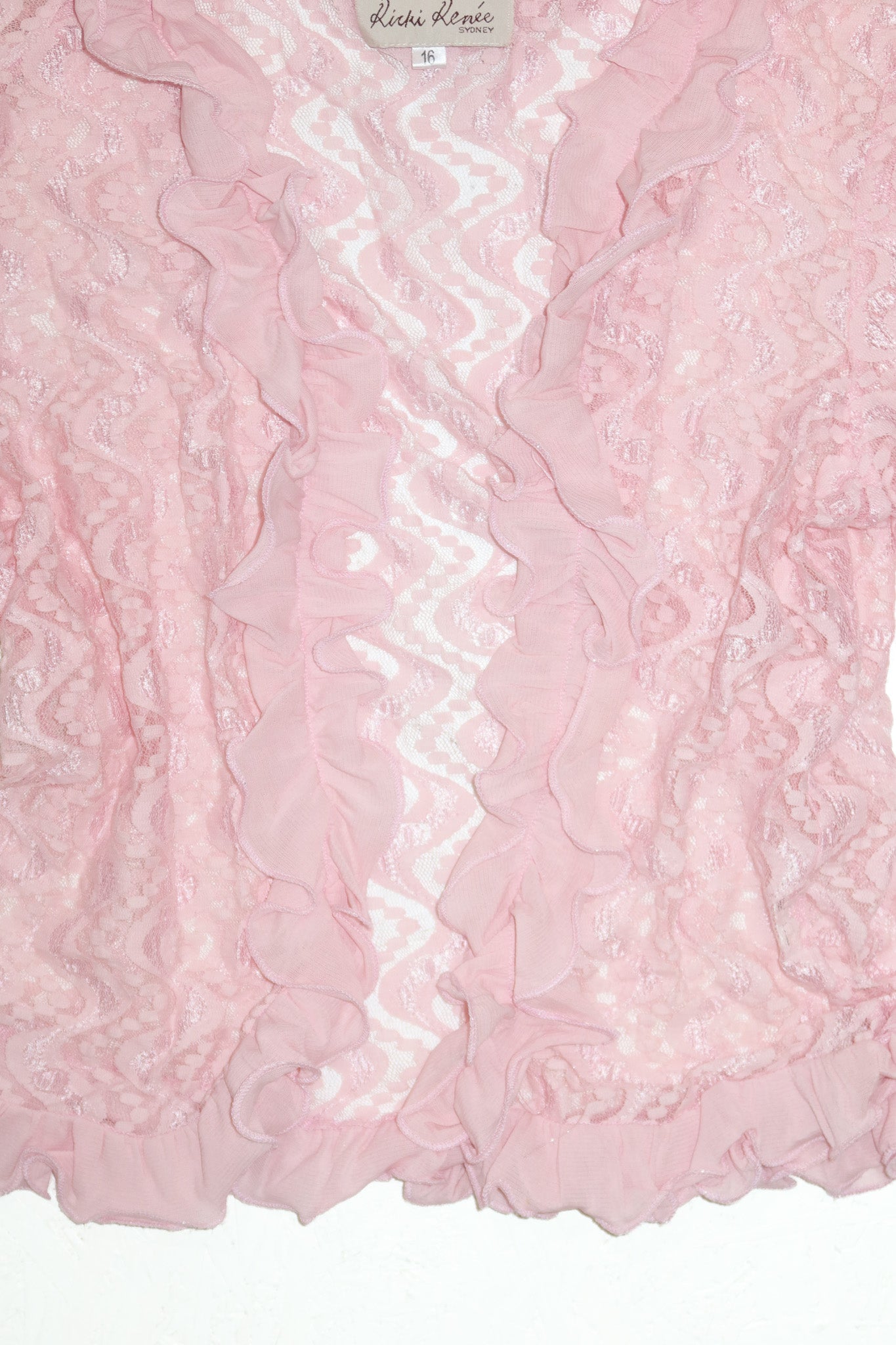 ricki renée sheer lace frill trim cardigan pink.