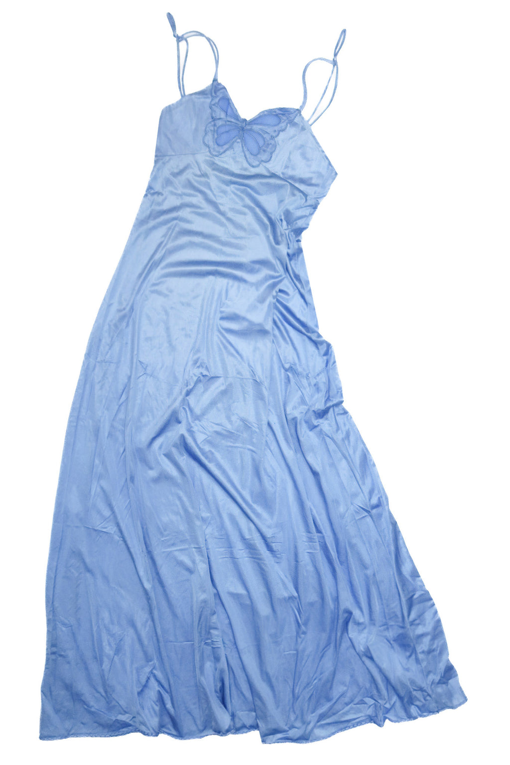 1970's novita satin butterfly maxi slip dress blue.