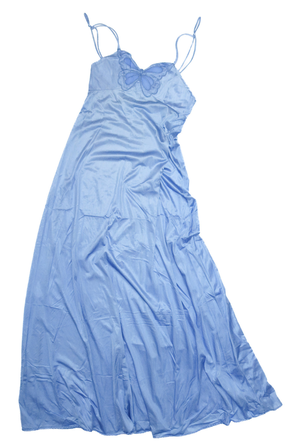 1970's novita satin butterfly maxi slip dress blue.
