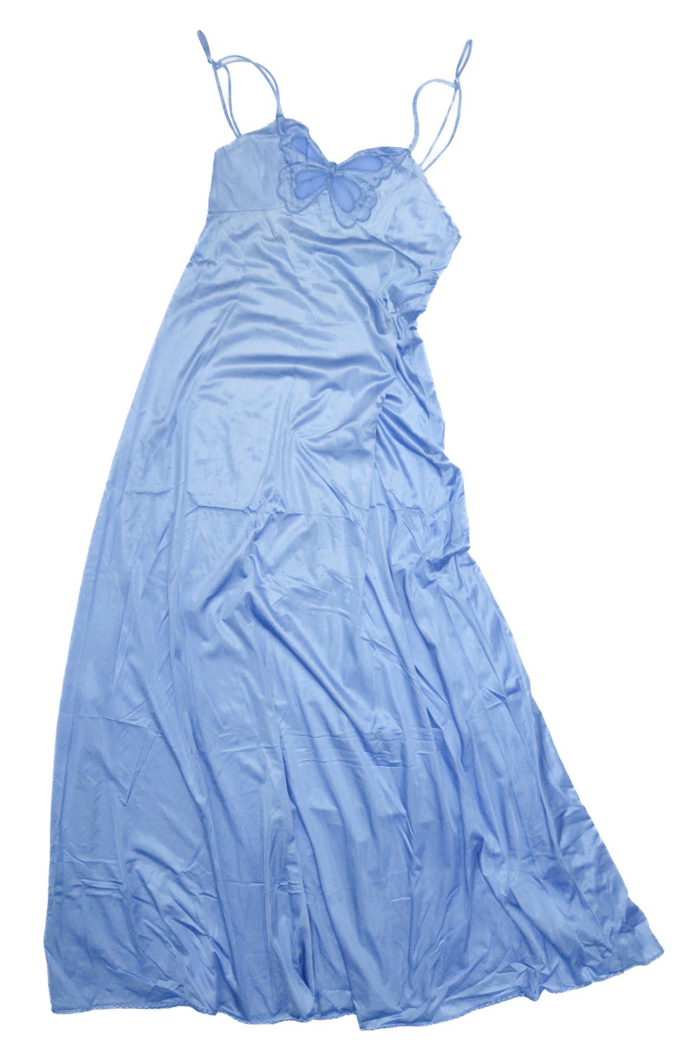 1970's novita satin butterfly maxi slip dress blue.