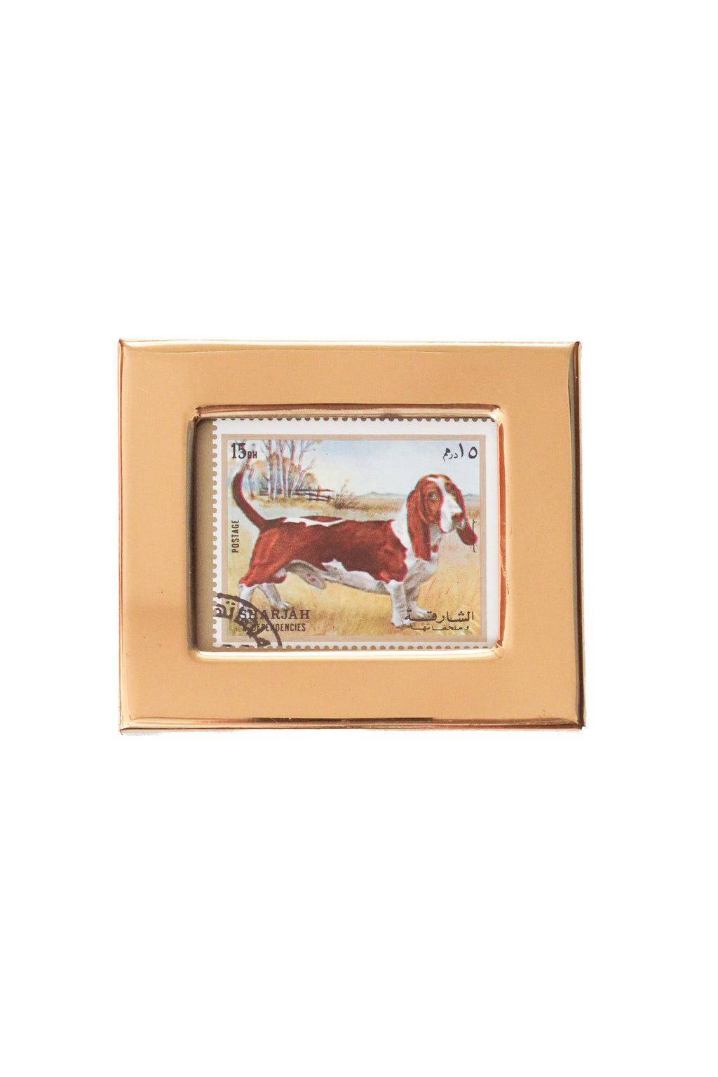 1970’s framed sharjah basset hound postage stamp wall plaque gold.
