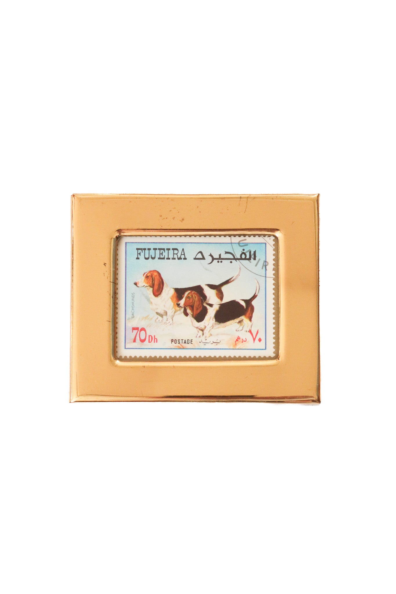 1970’s framed fujeira dachshund postage stamp wall plaque gold.