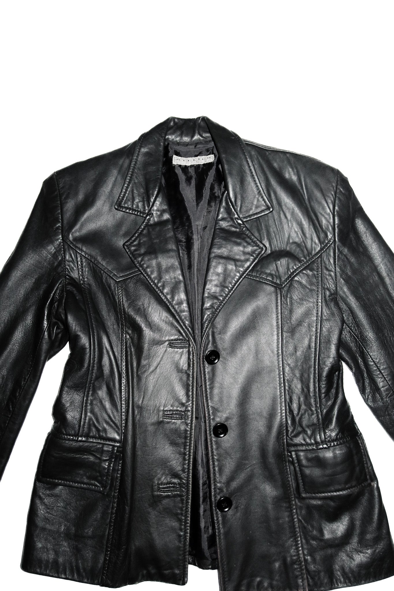 atelier sheep skin leather button up jacket.