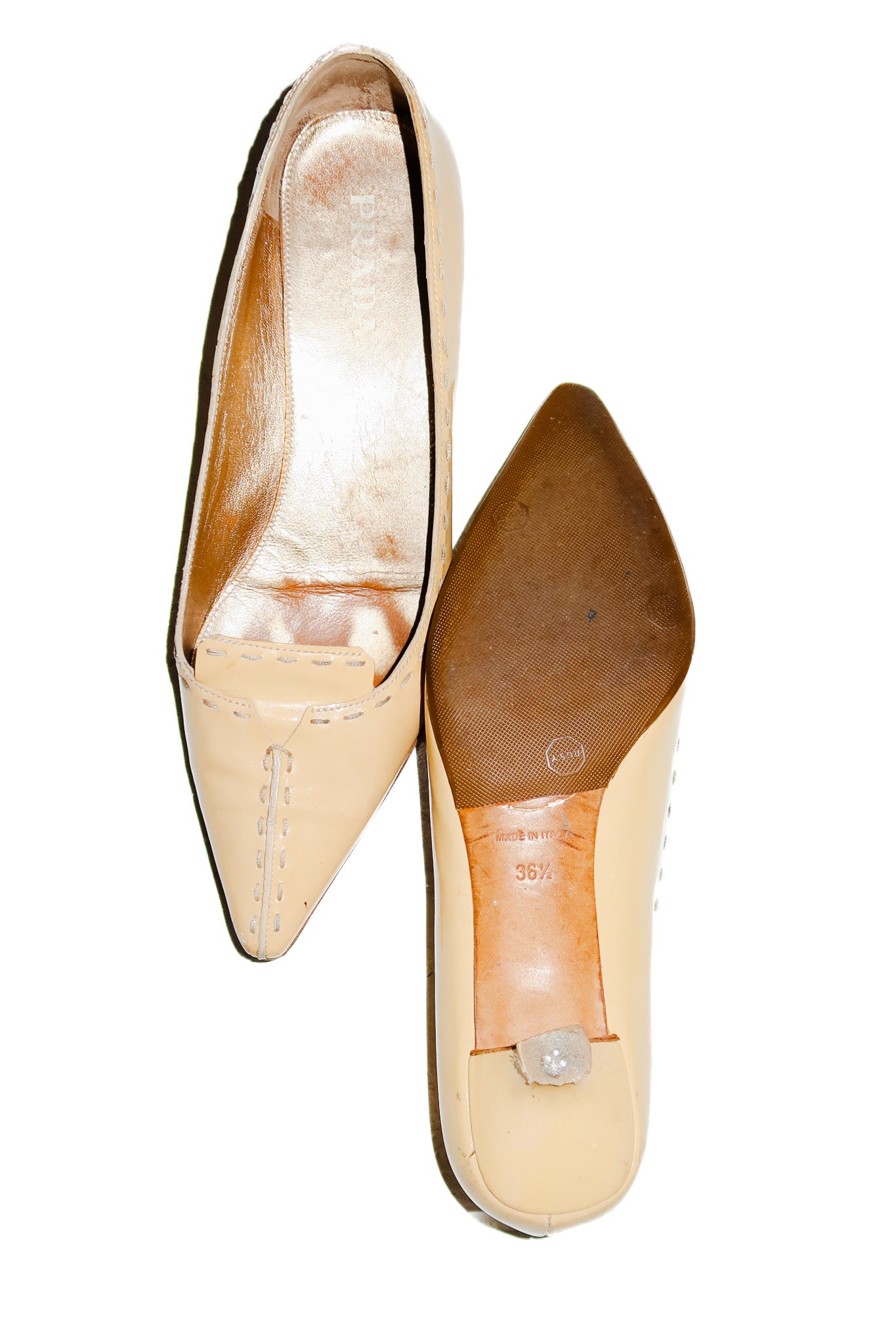 prada patent leather kitten heel cream.