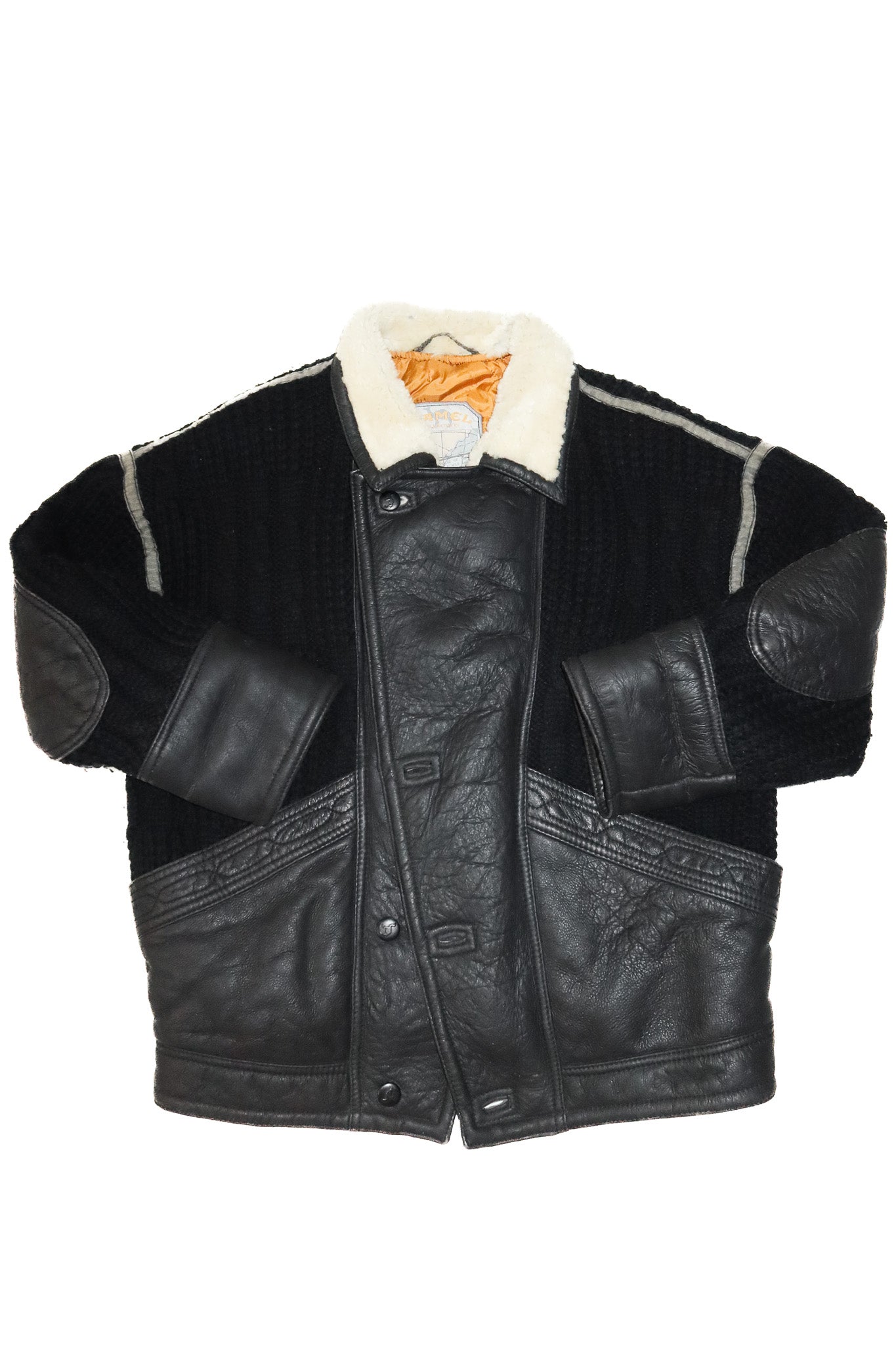 1980's camel collection shearling and leather coat black.