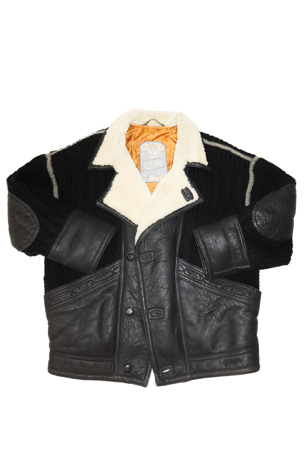 1980's camel collection shearling and leather coat black.