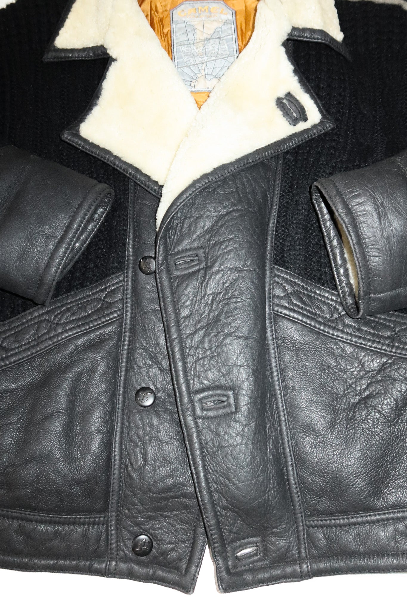 1980's camel collection shearling and leather coat black.