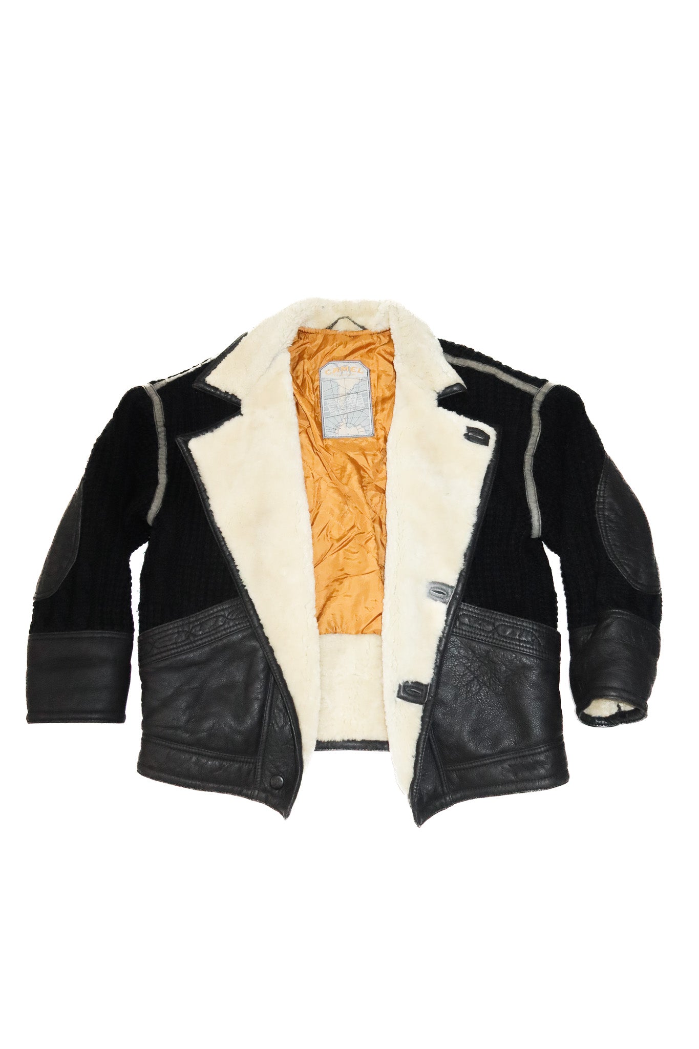 1980's camel collection shearling and leather coat black.