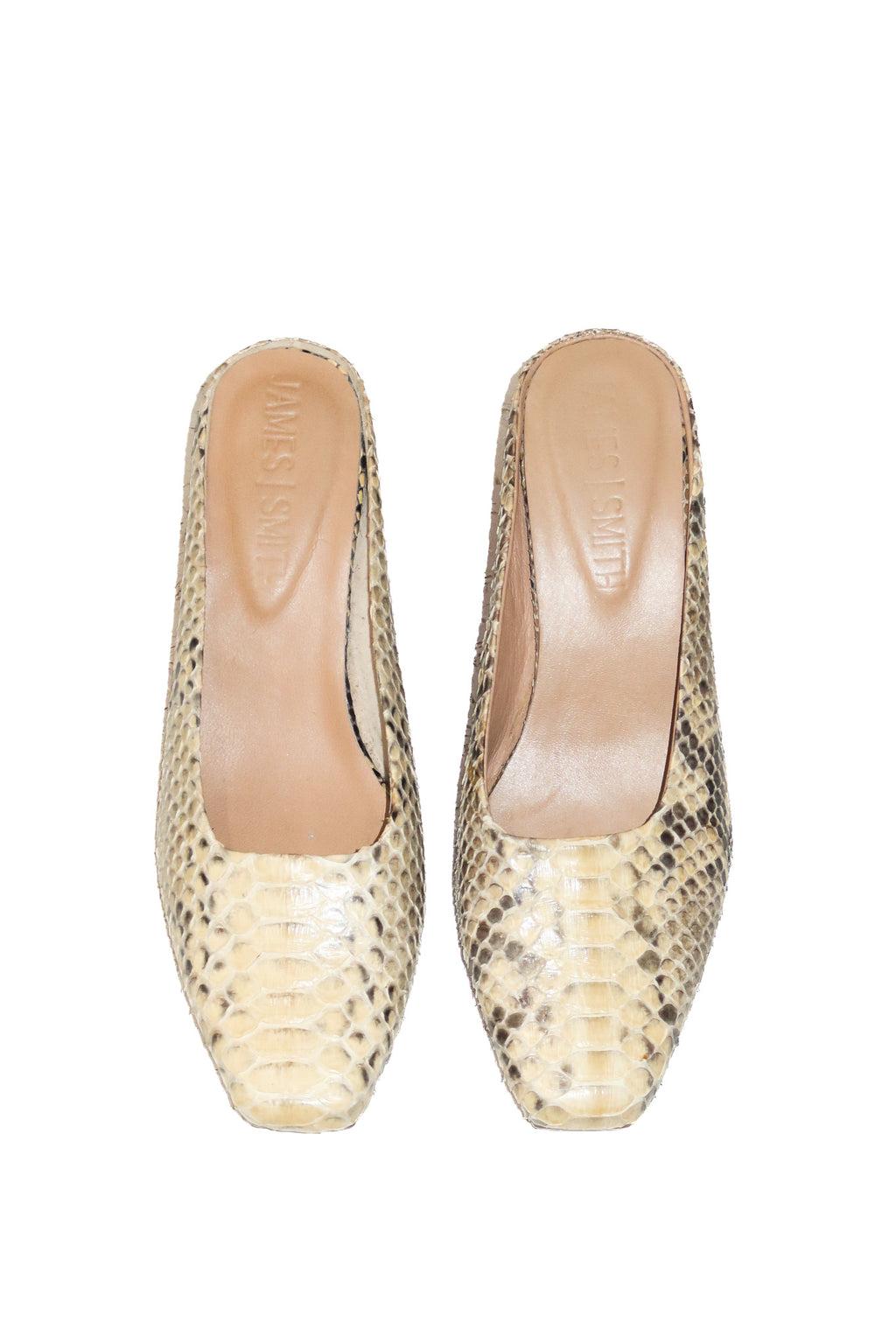1990's james smith messina mule python leather heels cream.