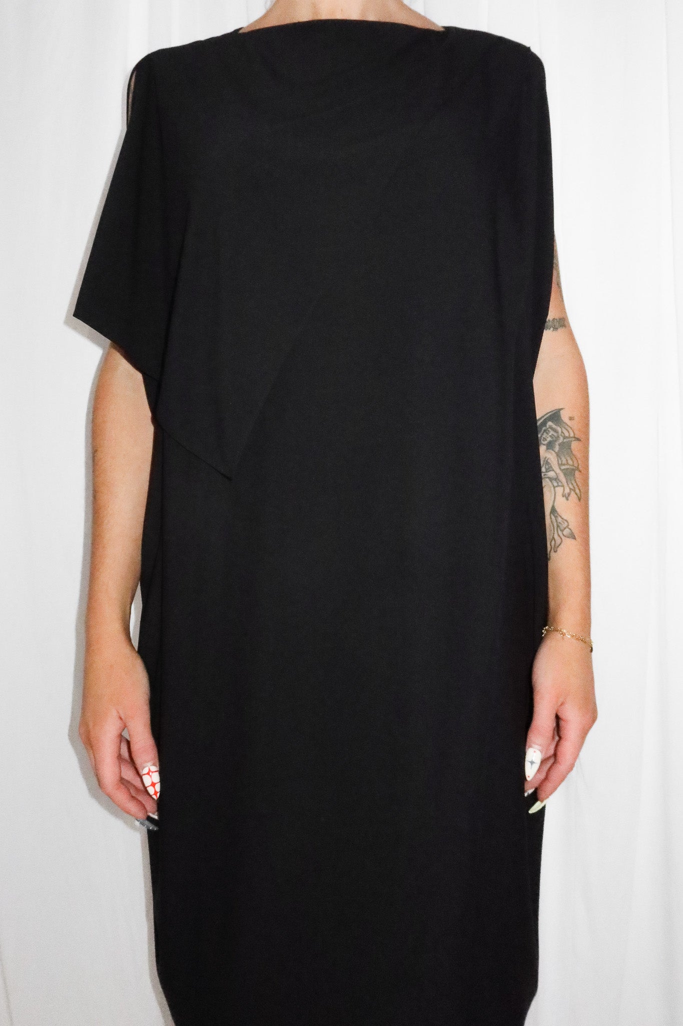 2010's maison martin margiela line 1 draped cut-out sleeve dress black.