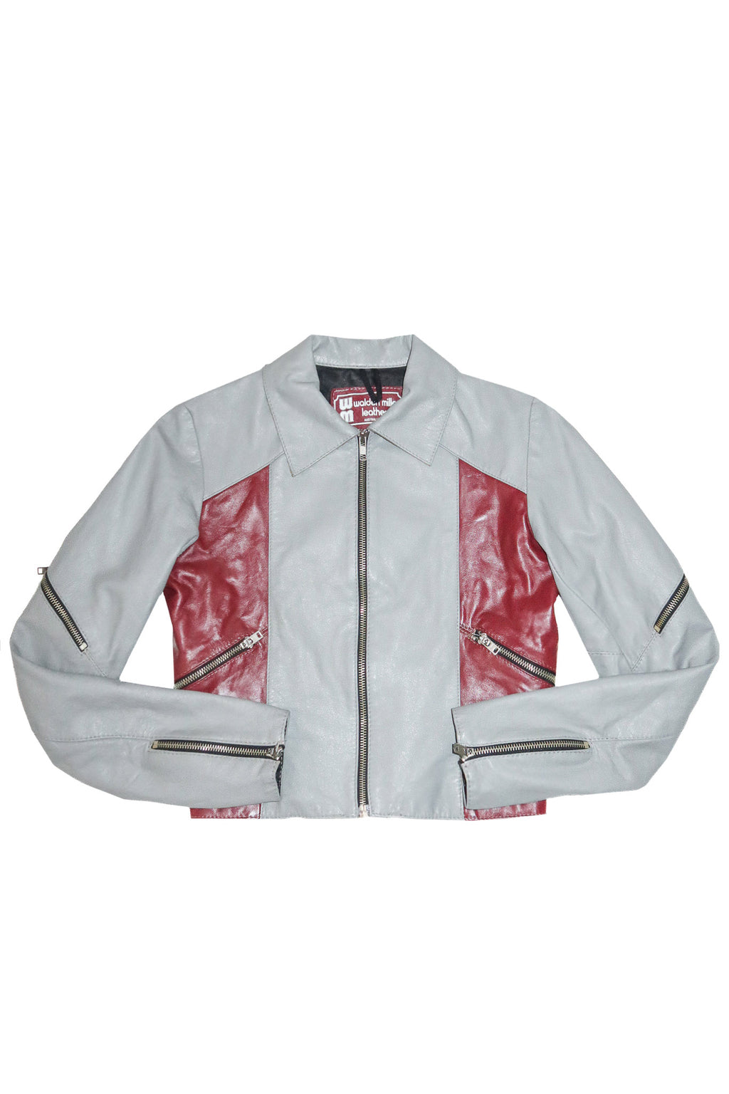 1990’s walden miller leather crop moto jacket grey/red.