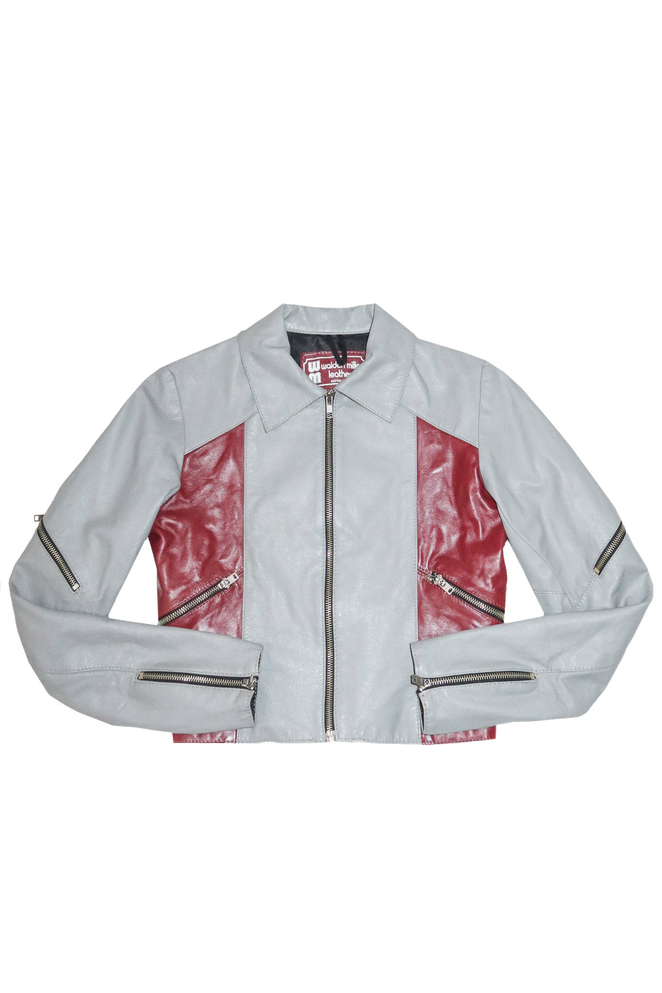 1990’s walden miller leather crop moto jacket grey/red.
