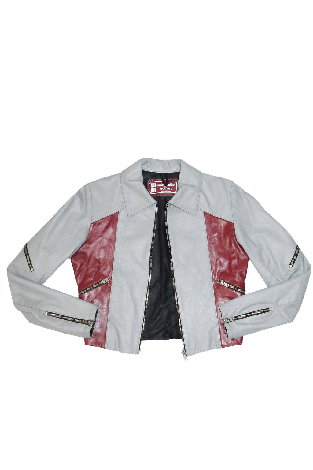 1990’s walden miller leather crop moto jacket grey/red.