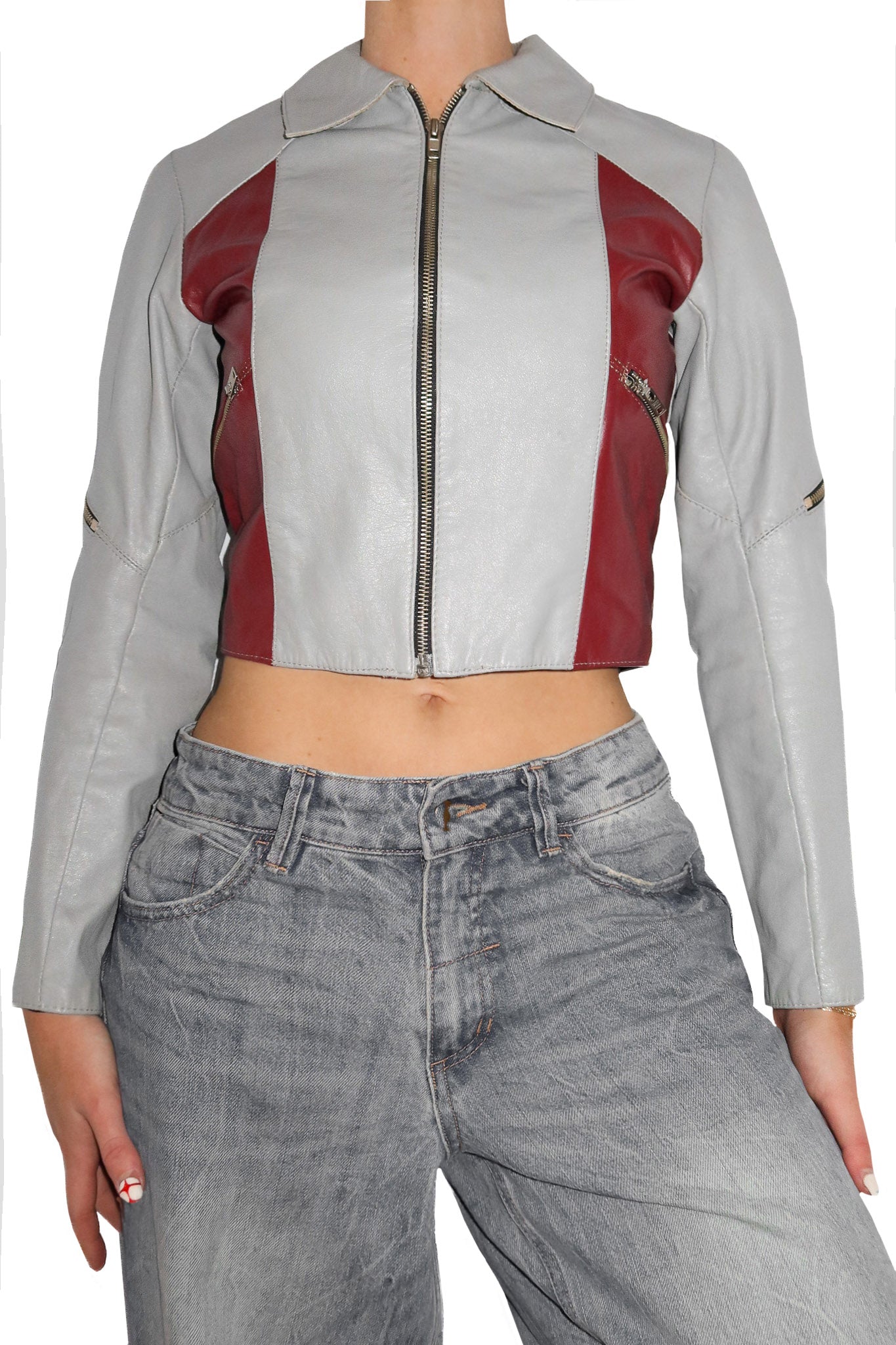1990’s walden miller leather crop moto jacket grey/red.