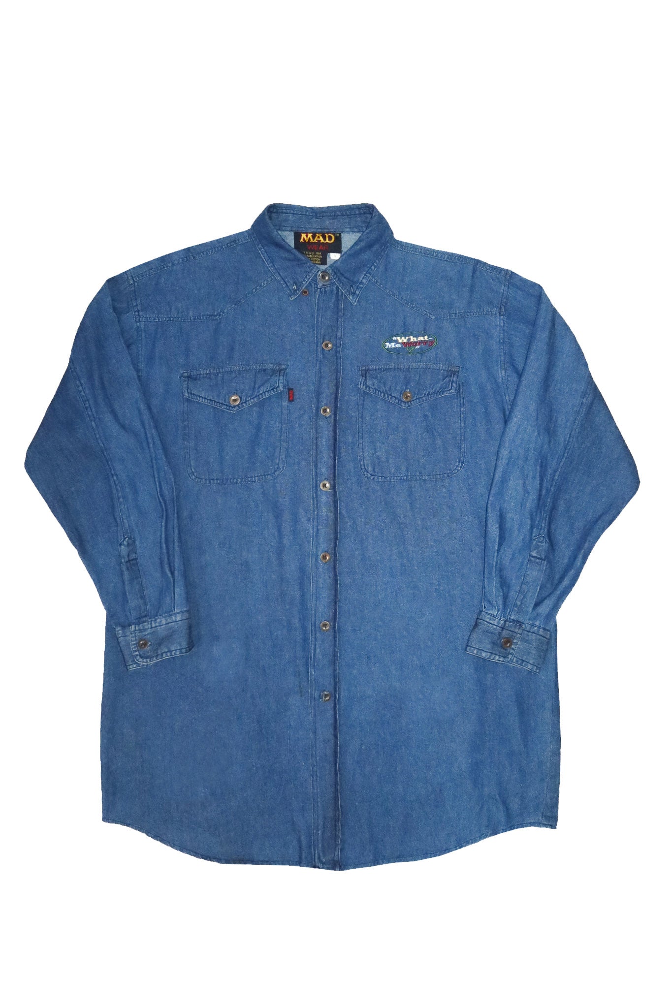 1990’s mad magazine alfred e. neuman embroidered denim shirt blue.
