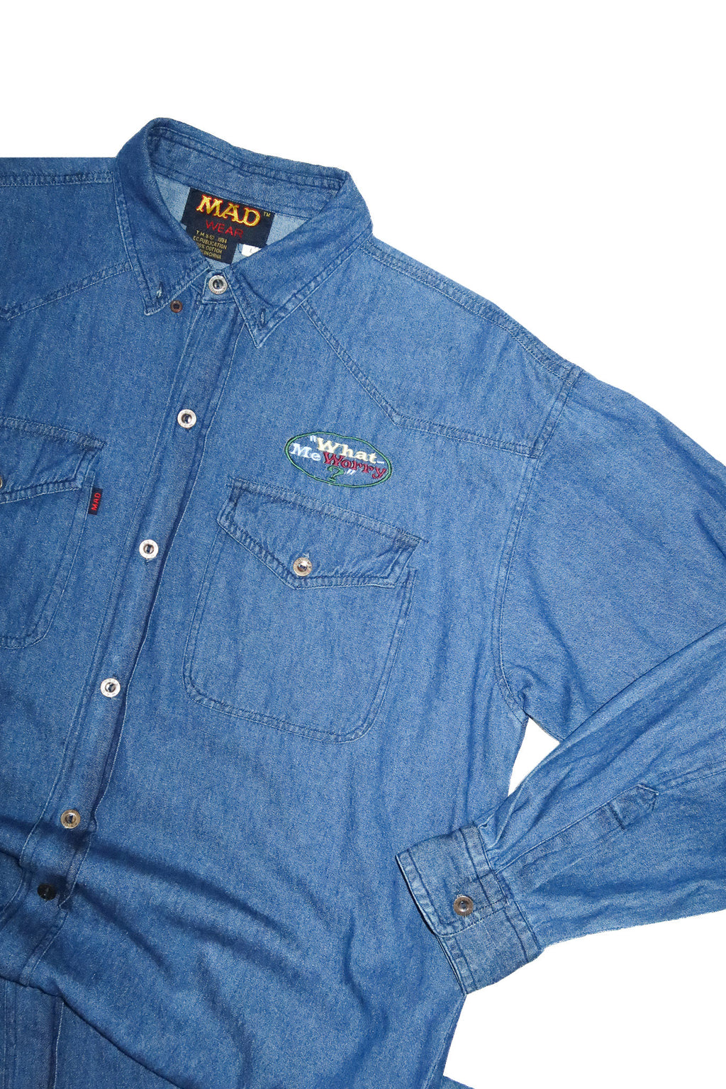 1990’s mad magazine alfred e. neuman embroidered denim shirt blue.