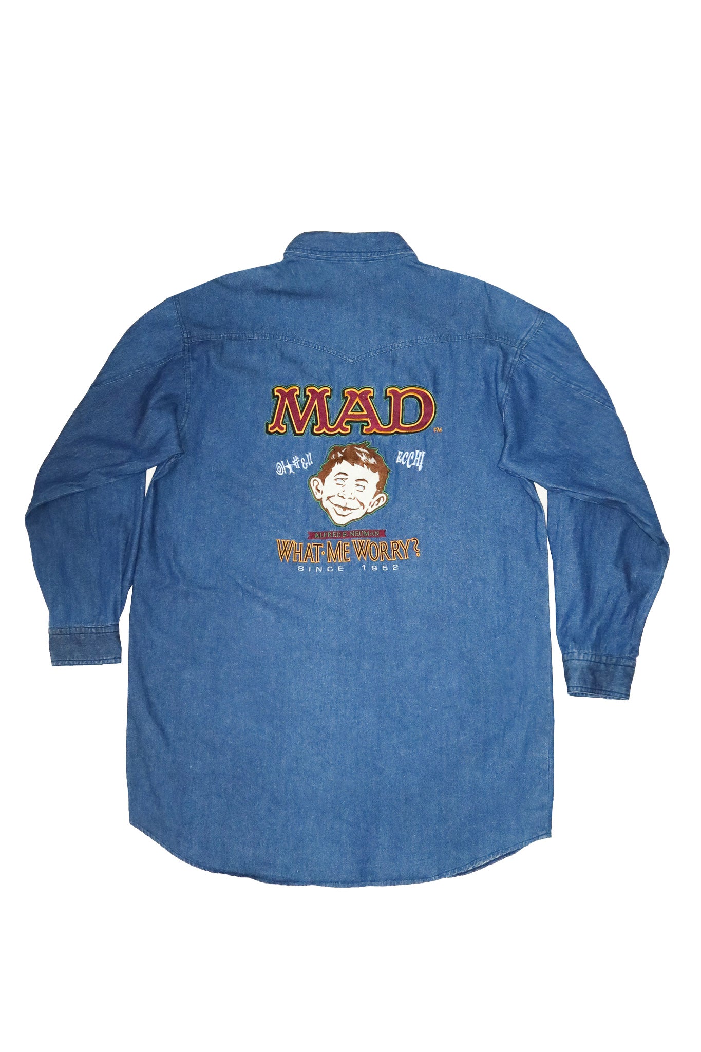 1990’s mad magazine alfred e. neuman embroidered denim shirt blue.