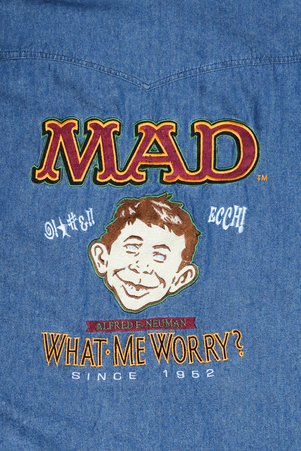1990’s mad magazine alfred e. neuman embroidered denim shirt blue.