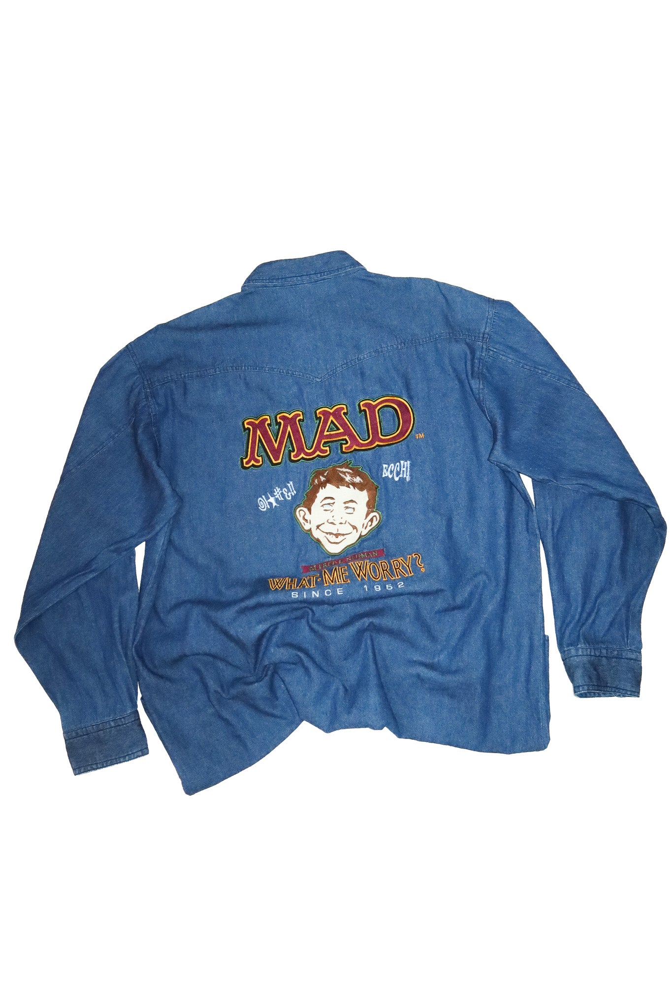 1990’s mad magazine alfred e. neuman embroidered denim shirt blue.
