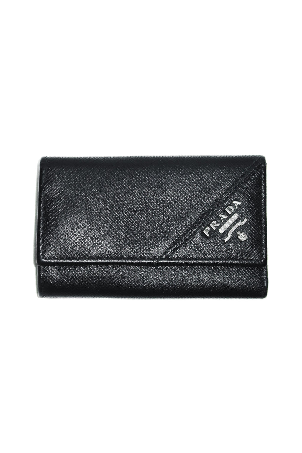 prada saffiano leather key holder black/silver.