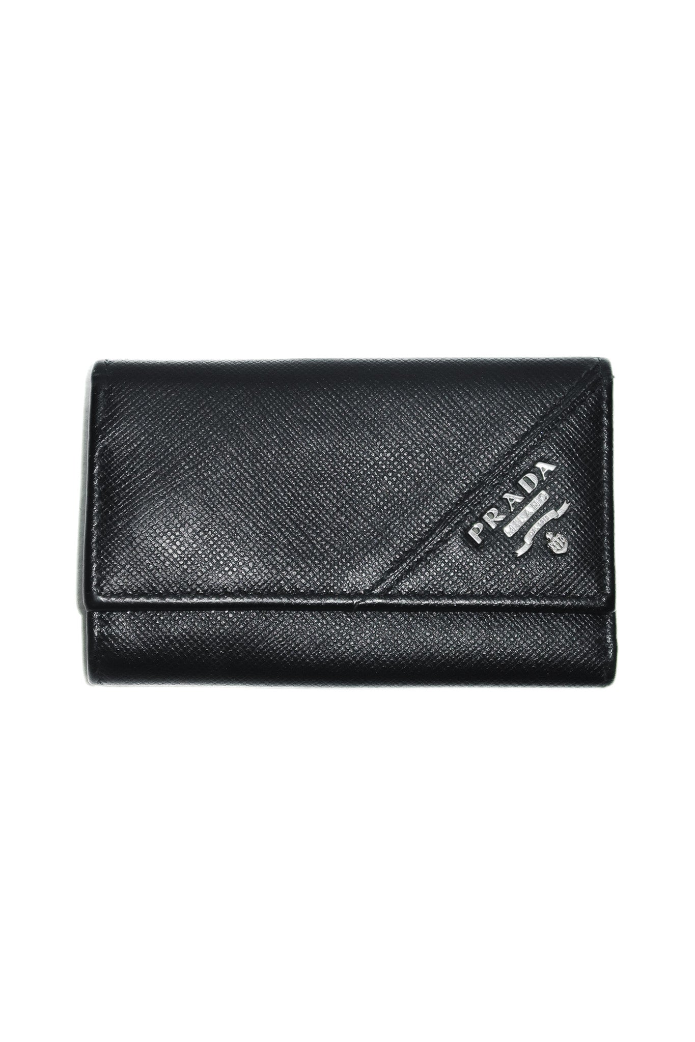 prada saffiano leather key holder black/silver.