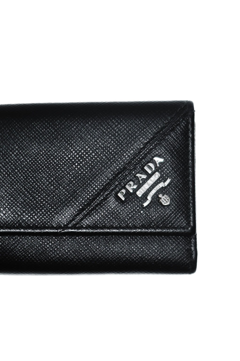 prada saffiano leather key holder black/silver.