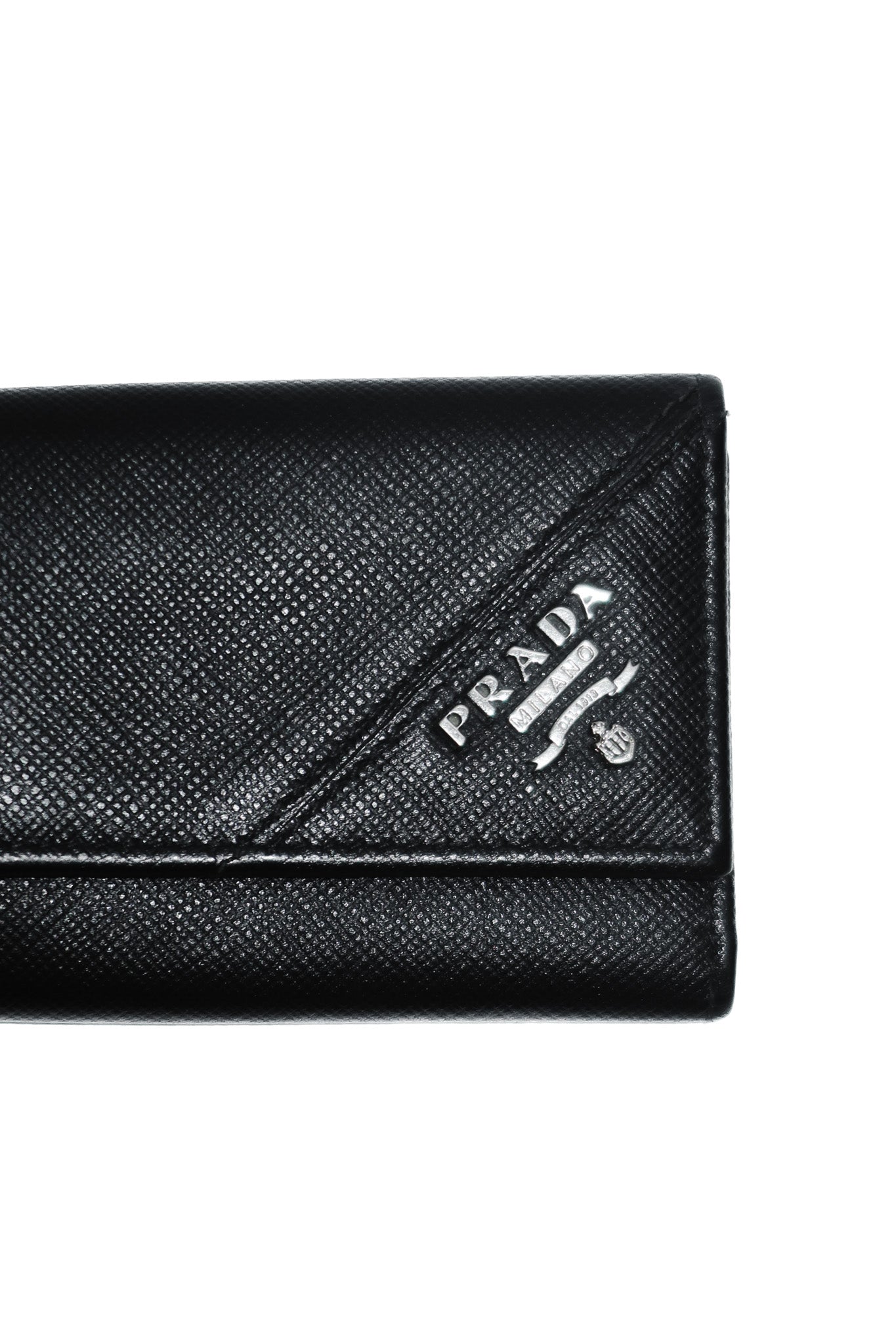 prada saffiano leather key holder black/silver.