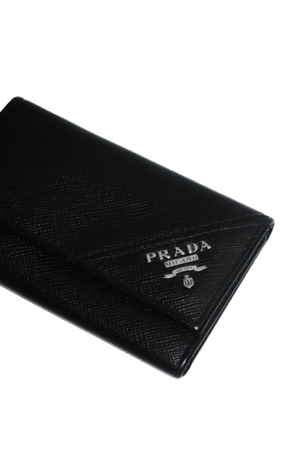 prada saffiano leather key holder black/silver.