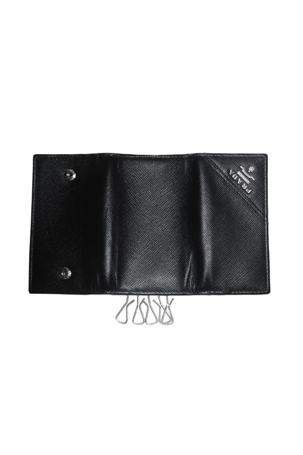 prada saffiano leather key holder black/silver.