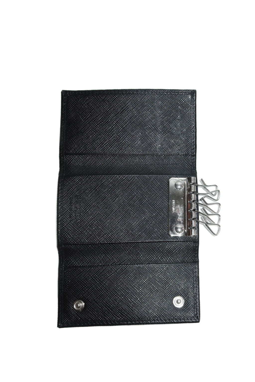 prada saffiano leather key holder black/silver.