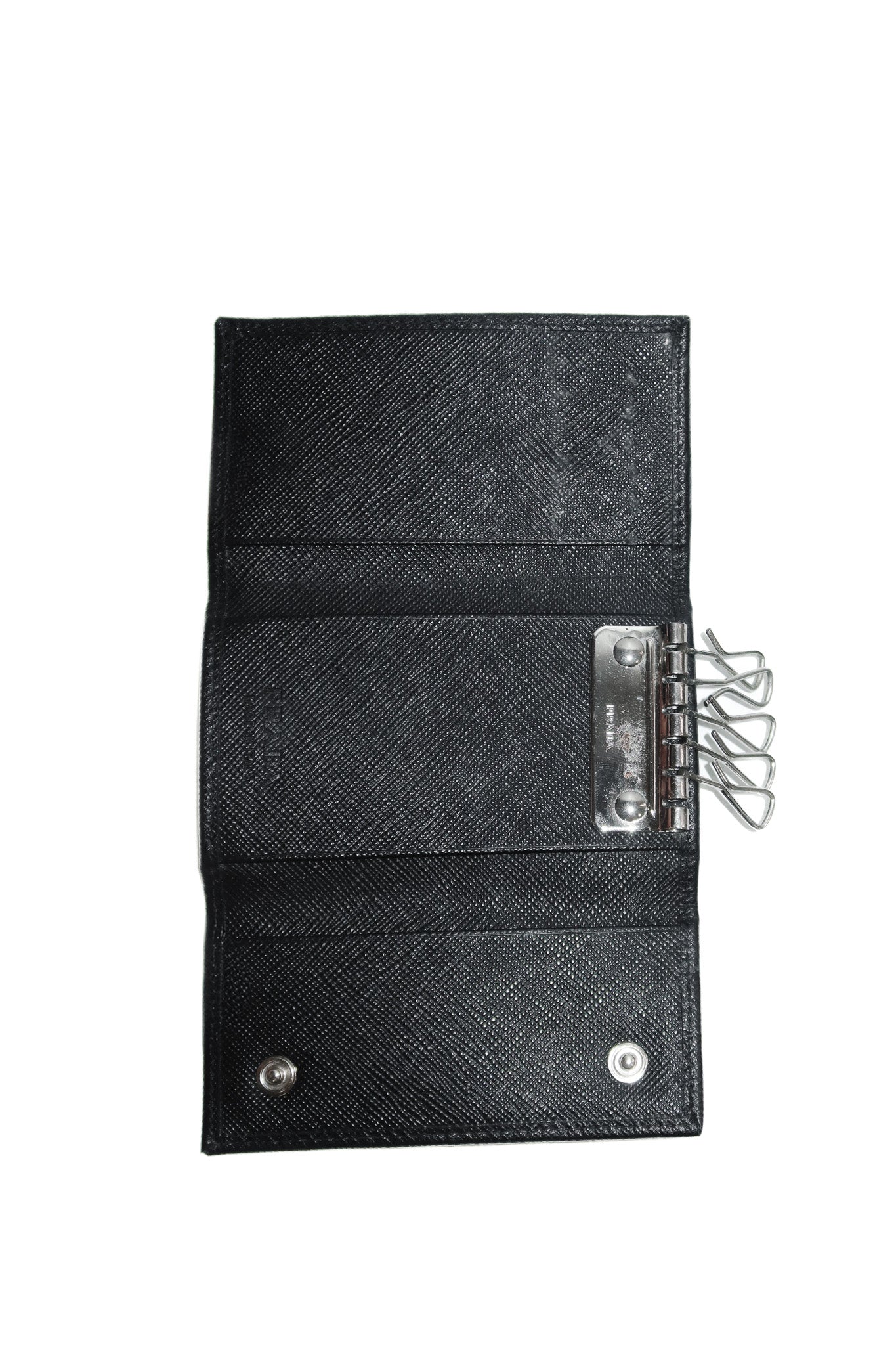 prada saffiano leather key holder black/silver.