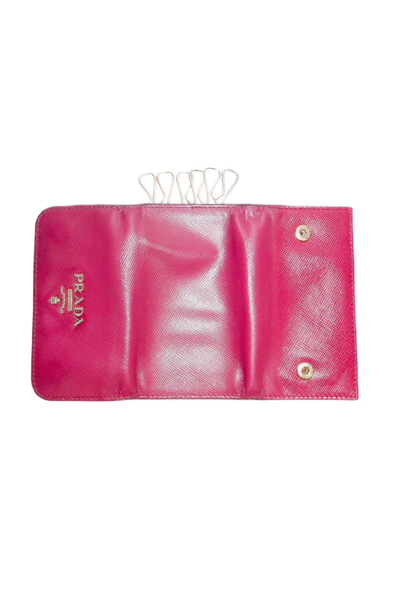 prada saffiano leather key holder pink/gold.
