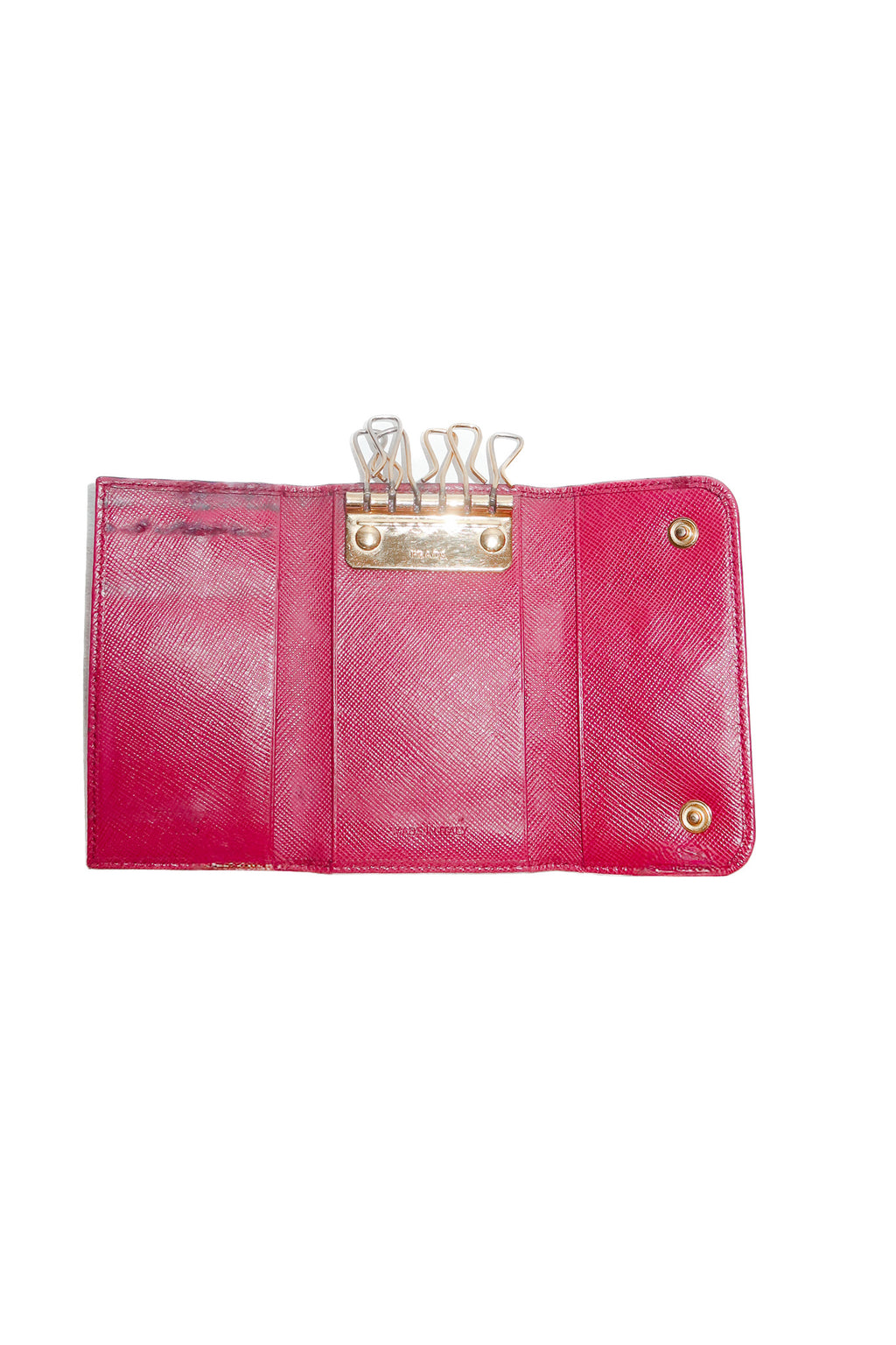 prada saffiano leather key holder pink/gold.