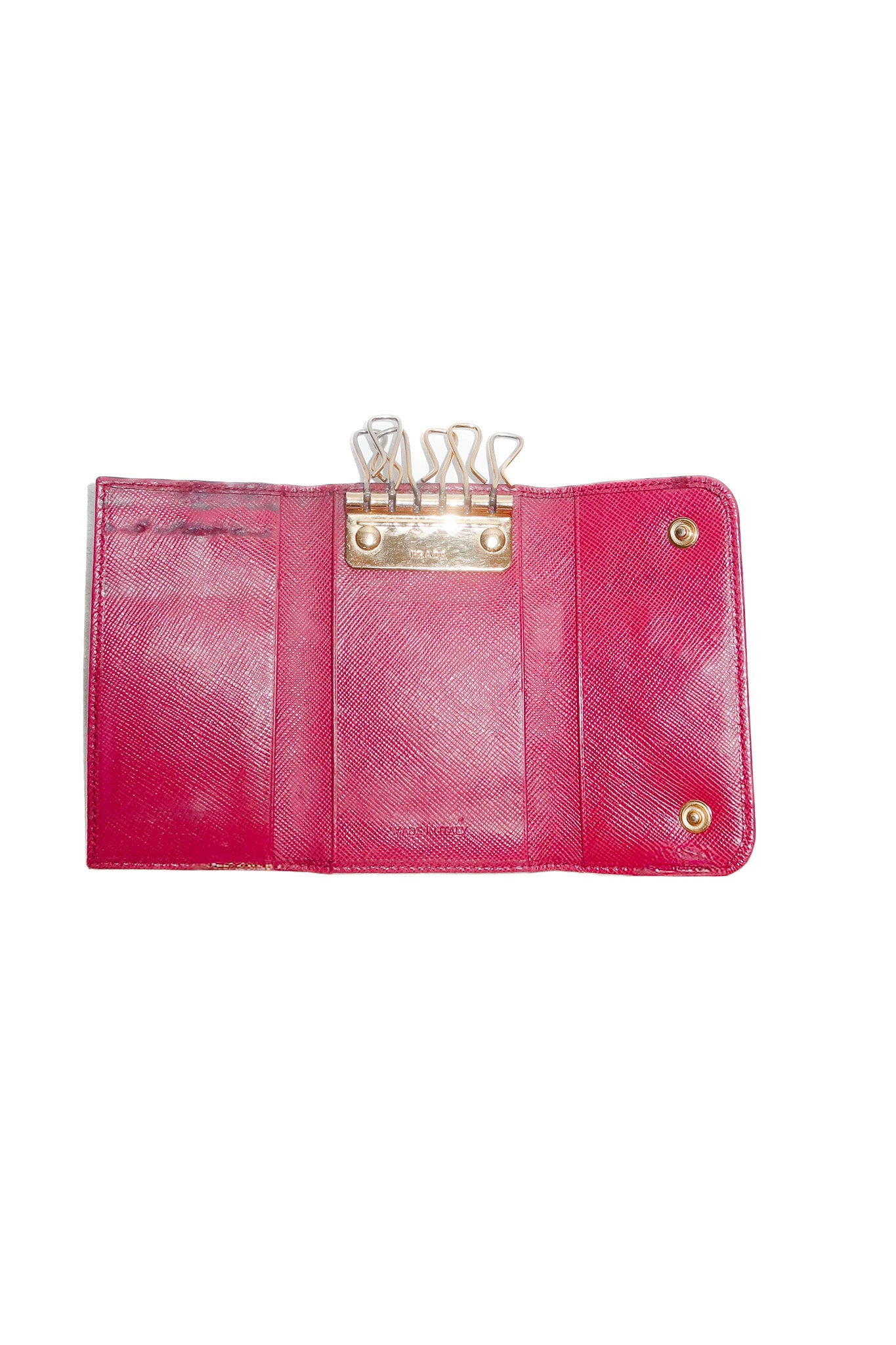 prada saffiano leather key holder pink/gold.
