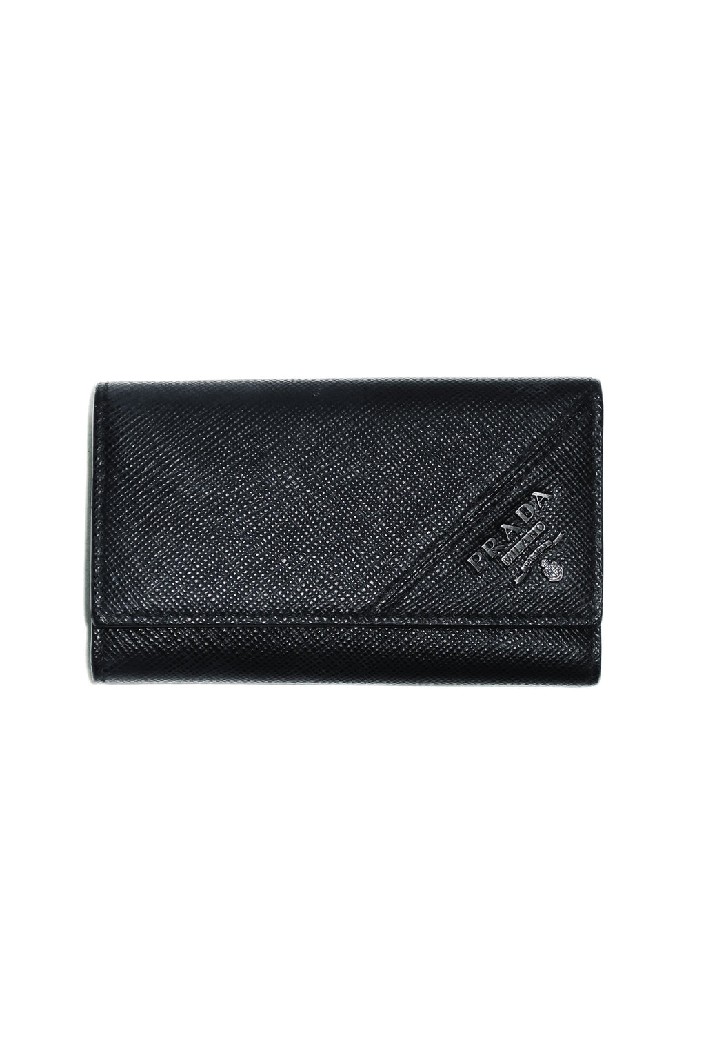 prada saffiano leather key holder black/gunmetal.