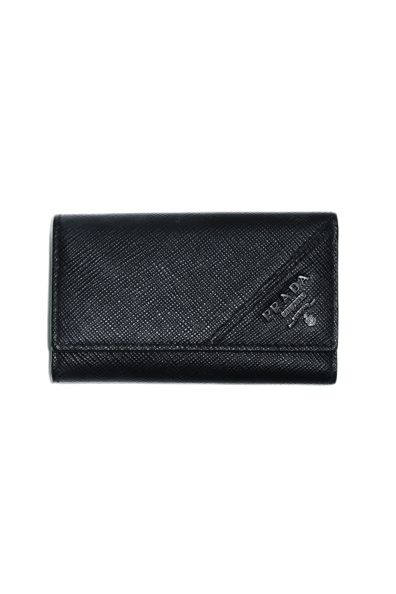 prada saffiano leather key holder black/gunmetal.