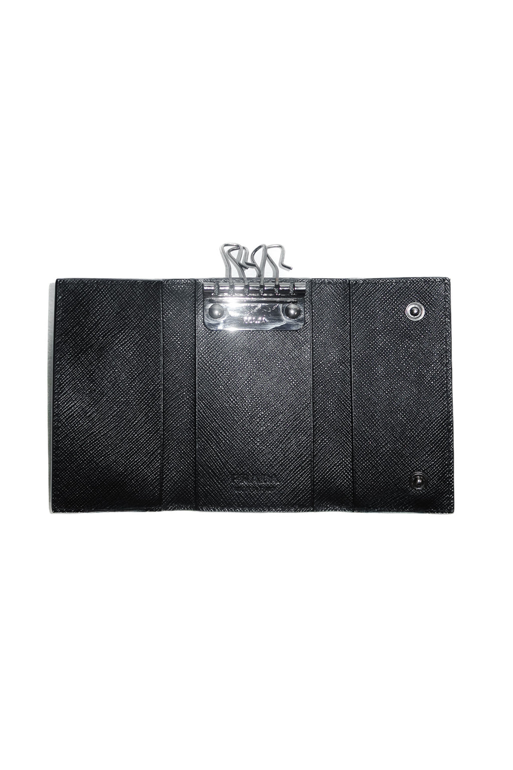 prada saffiano leather key holder black/gunmetal.