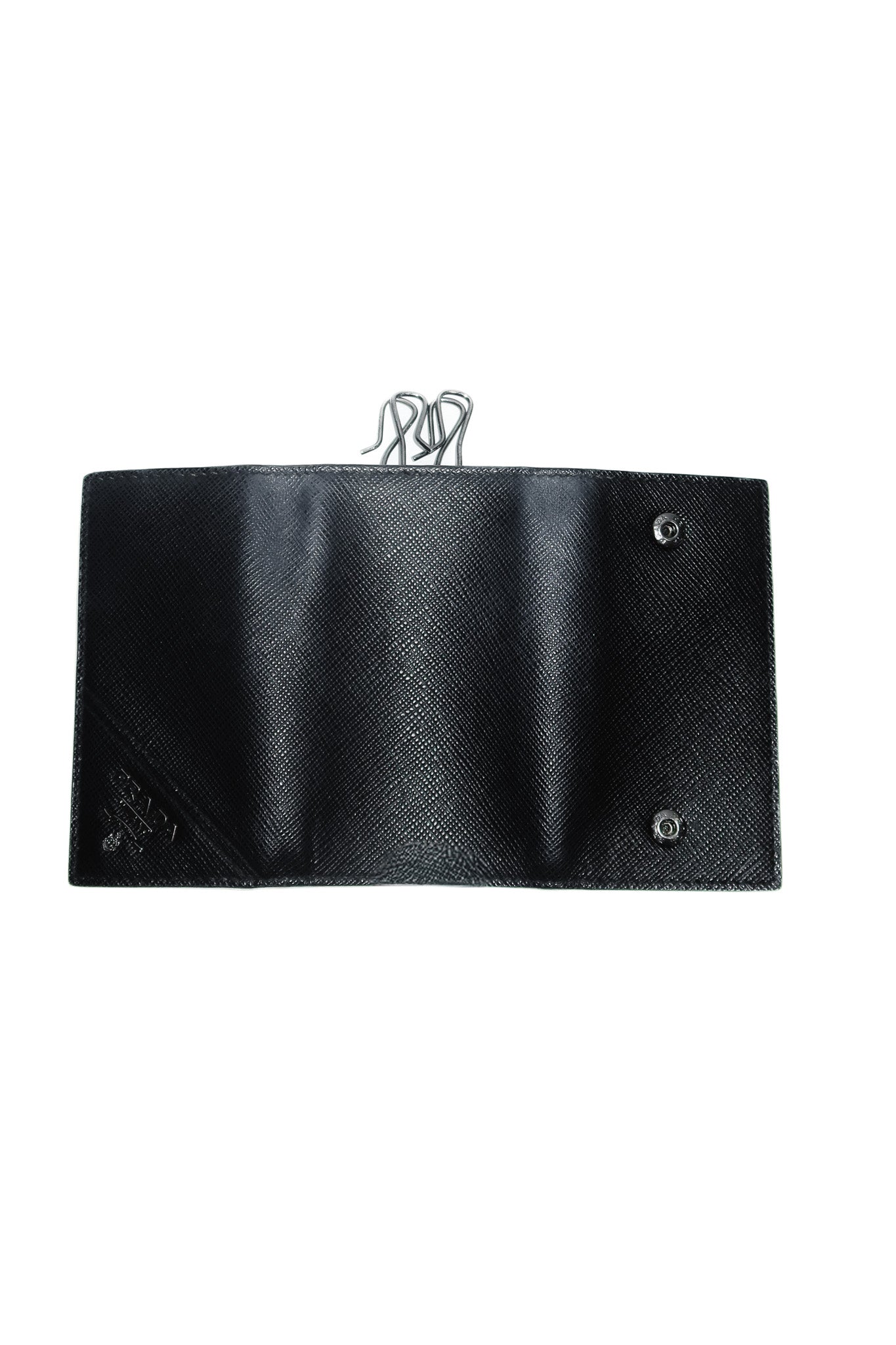 prada saffiano leather key holder black/gunmetal.
