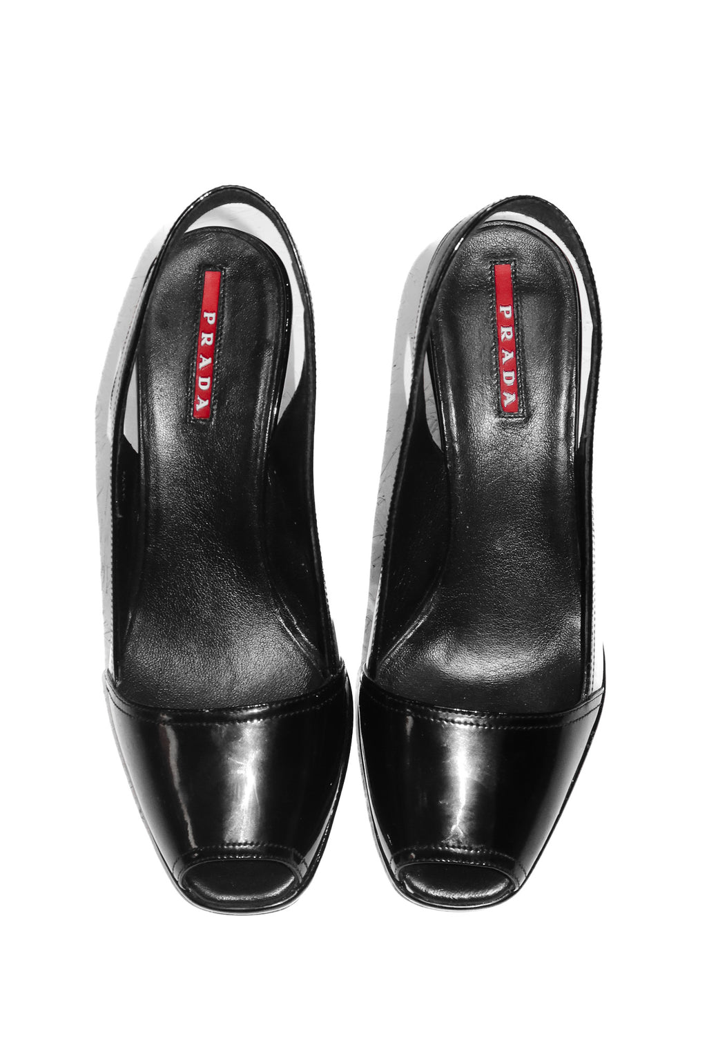 2000's prada sport patent leather peep toe wedges black.