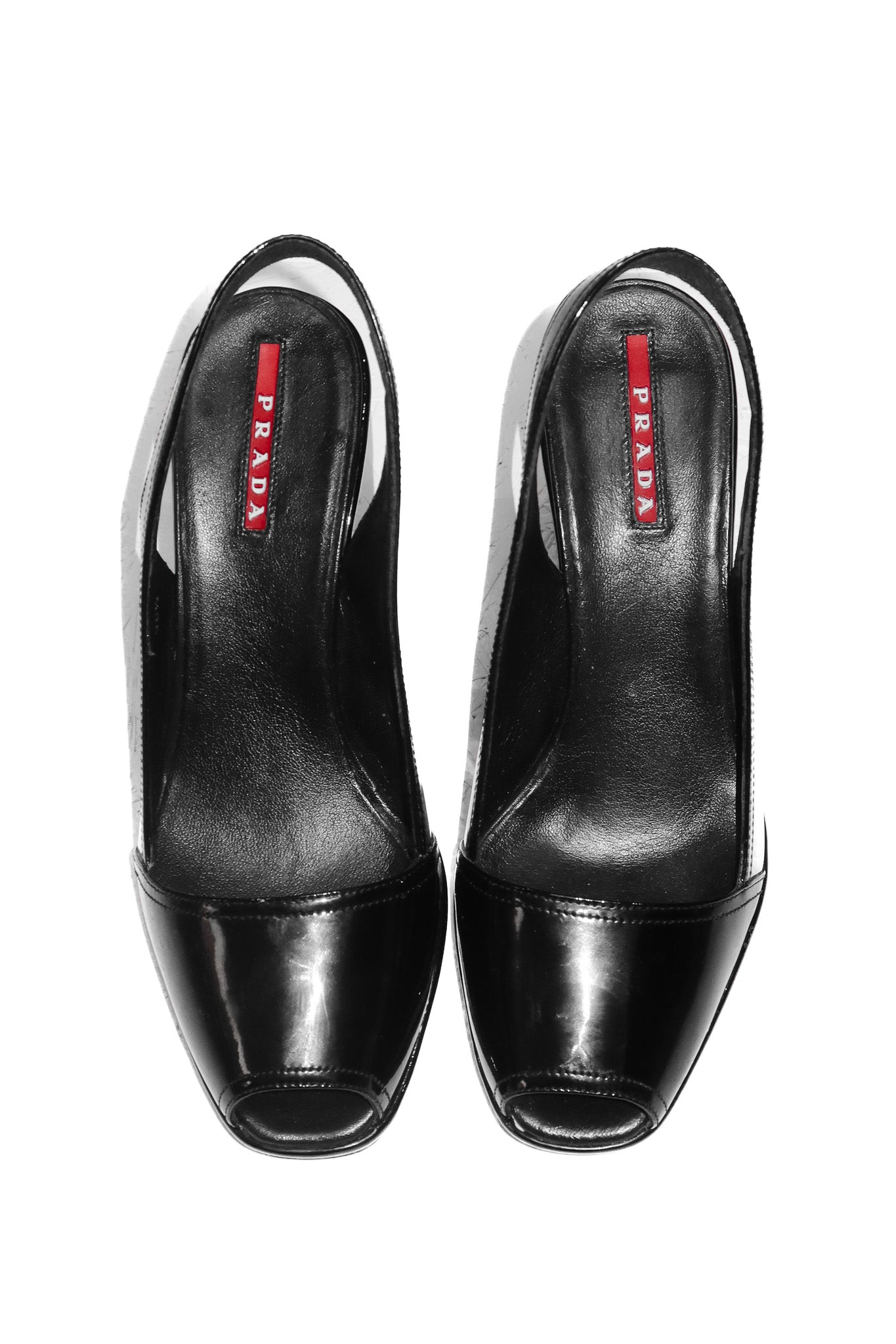 2000's prada sport patent leather peep toe wedges black.