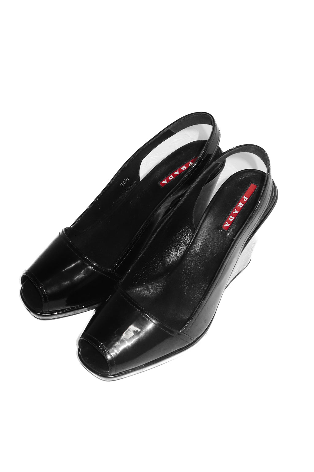 2000's prada sport patent leather peep toe wedges black.