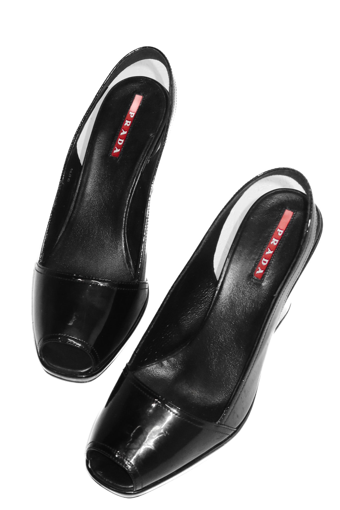 2000's prada sport patent leather peep toe wedges black.