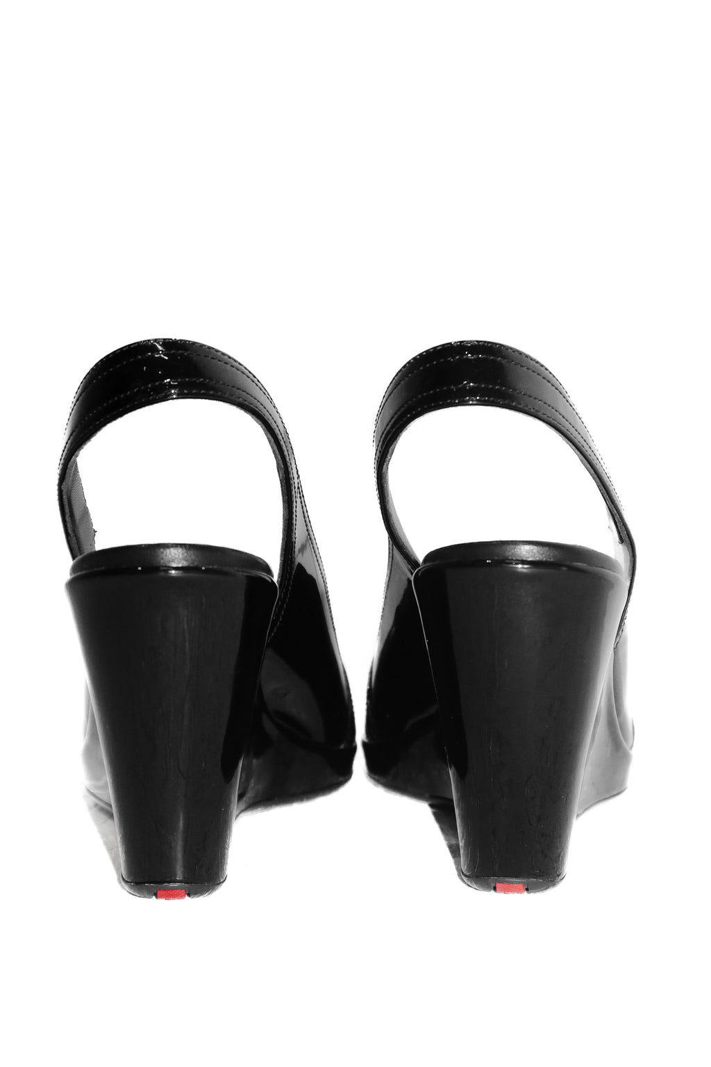 2000's prada sport patent leather peep toe wedges black.