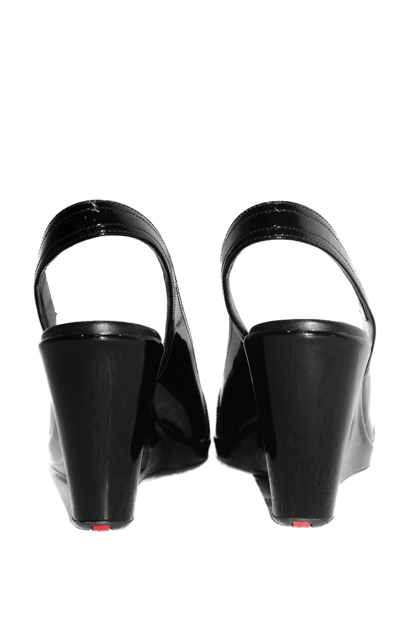 2000's prada sport patent leather peep toe wedges black.