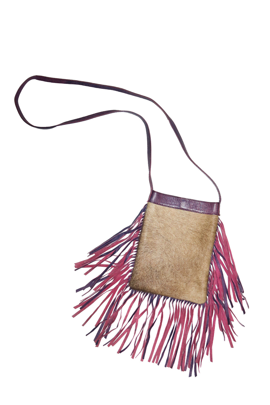 bare leather hair-on-hide fringe crossbody bag.