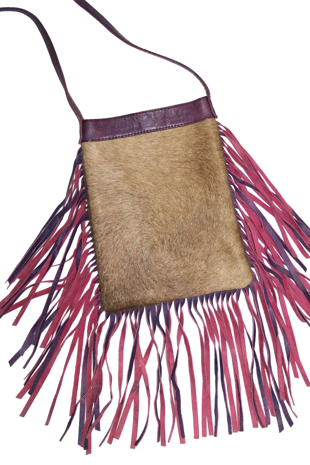 bare leather hair-on-hide fringe crossbody bag.