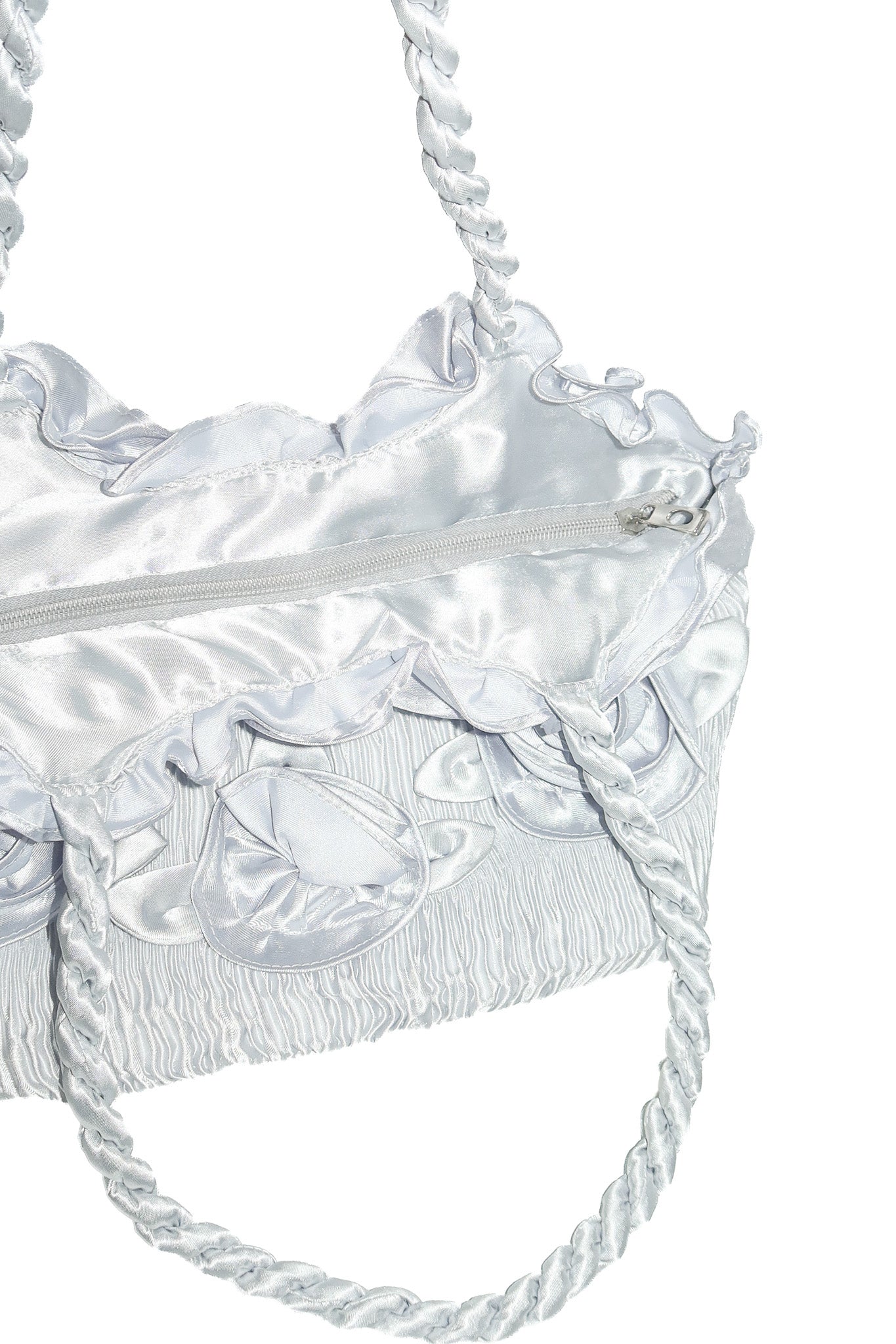 1990's pleated rosette shoulder bag silver.
