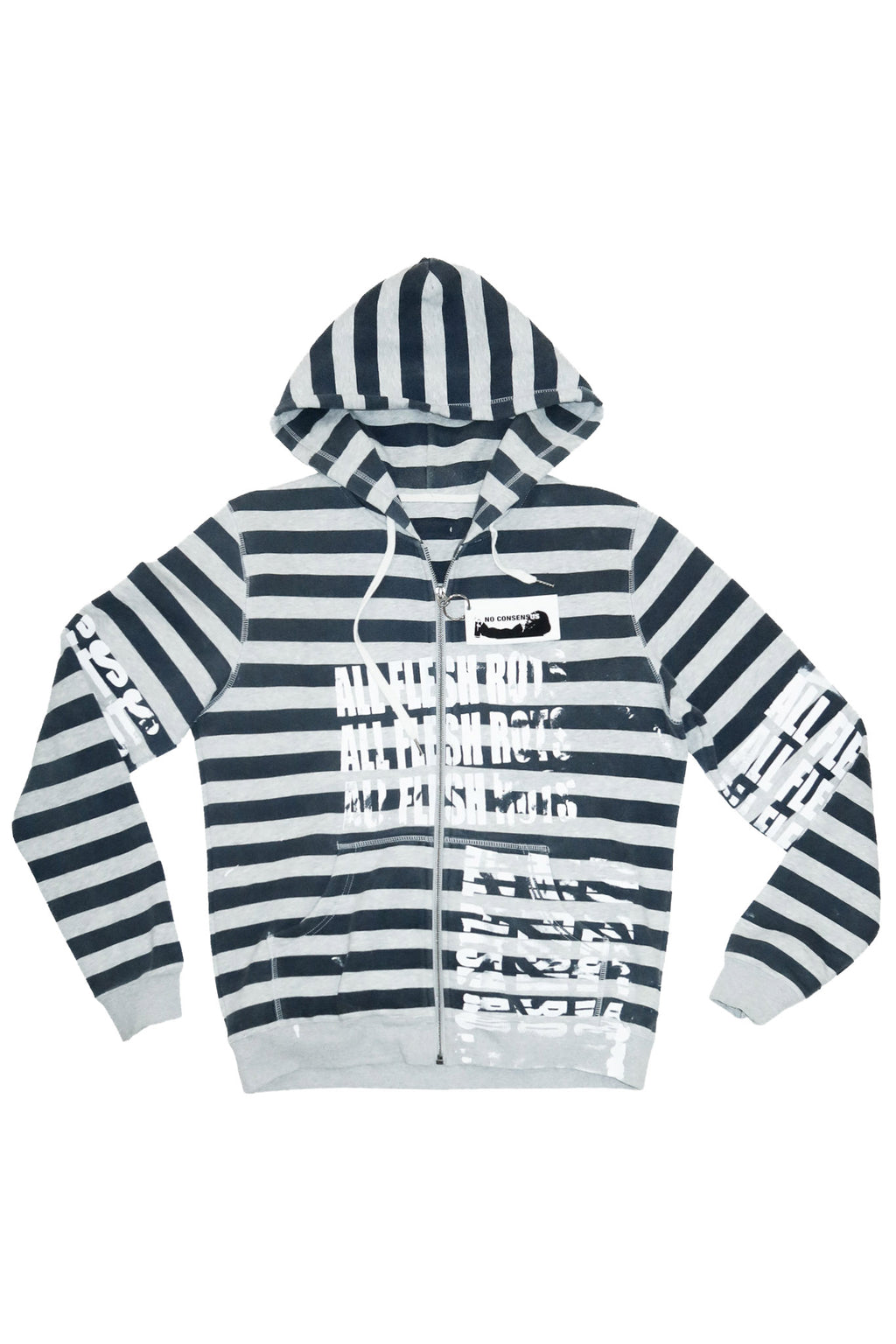 no consensus ‘all flesh rots’ striped zip hoodie navy/grey.