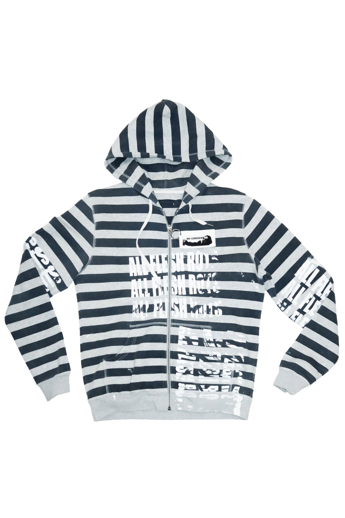 no consensus ‘all flesh rots’ striped zip hoodie navy/grey.
